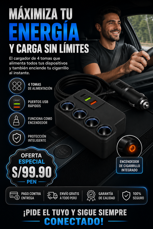 Nuevo Cargador De Coche V4®: Carga hasta 7 dispositivos al mismo tiempo y olvídate de quedarte sin batería en cada viaje