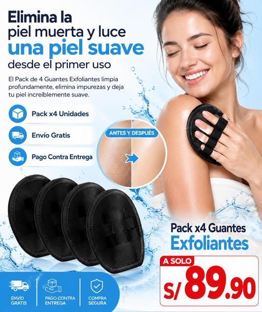 Nuevo Pack x4 Guantes Exfoliantes de Goma®: Elimina la piel muerta y recupera la suavidad radiante de tu piel desde el primer uso
