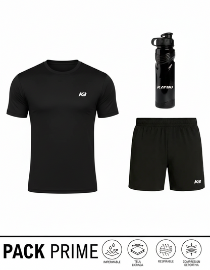 PACK PRIME Camiseta premium licrada + short 2 en 1 con bolsillo interno + Termo de regalo