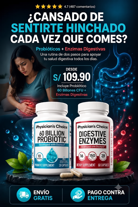 Nuevo Combo Physician's Choice® Probióticos + Enzimas Digestivas: La solución definitiva para eliminar la hinchazón y recuperar tu digestión perfecta