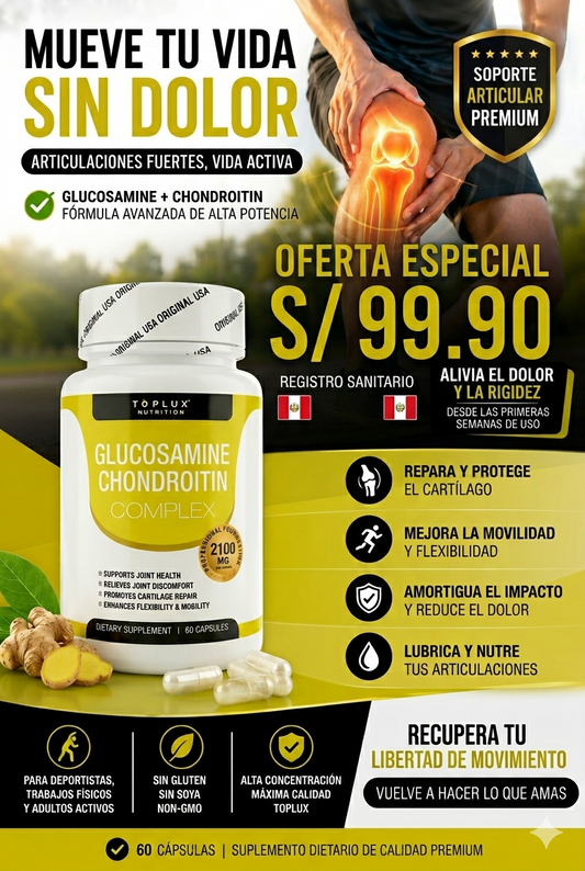 GLUCOSAMINE CHONDROITIN TOPLUX®: ¡Elimina el dolor articular y recupera tu libertad de movimiento en solo 2 semanas!
