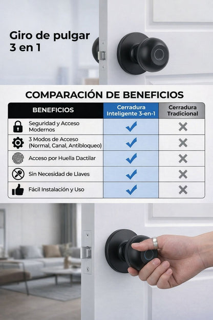NUEVA CERRADURA INTELIGENTE 3 EN 1®: Olvídate de las llaves y protege tu privacidad con un solo toque.